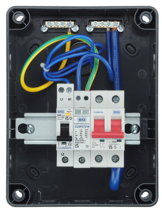 BG CP5MRDPS1G 5 Module IP66 Weatherproof Grey Plastic EV Charger Circuit Protection with 100A Main Switch, 40A 30mA Type A DP RCBO & Type 2 SPD