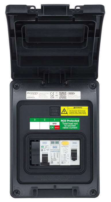 BG CP5R4PS1G 5 Module IP66 Weatherproof Grey Plastic EV Charger Circuit Protection with 40A 30mA Type A RCD, 40A B Curve MCB & Type 2 SPD - westbasedirect.com