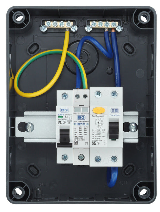 BG CP5R4PS1G 5 Module IP66 Weatherproof Grey Plastic EV Charger Circuit Protection with 40A 30mA Type A RCD, 40A B Curve MCB & Type 2 SPD - westbasedirect.com