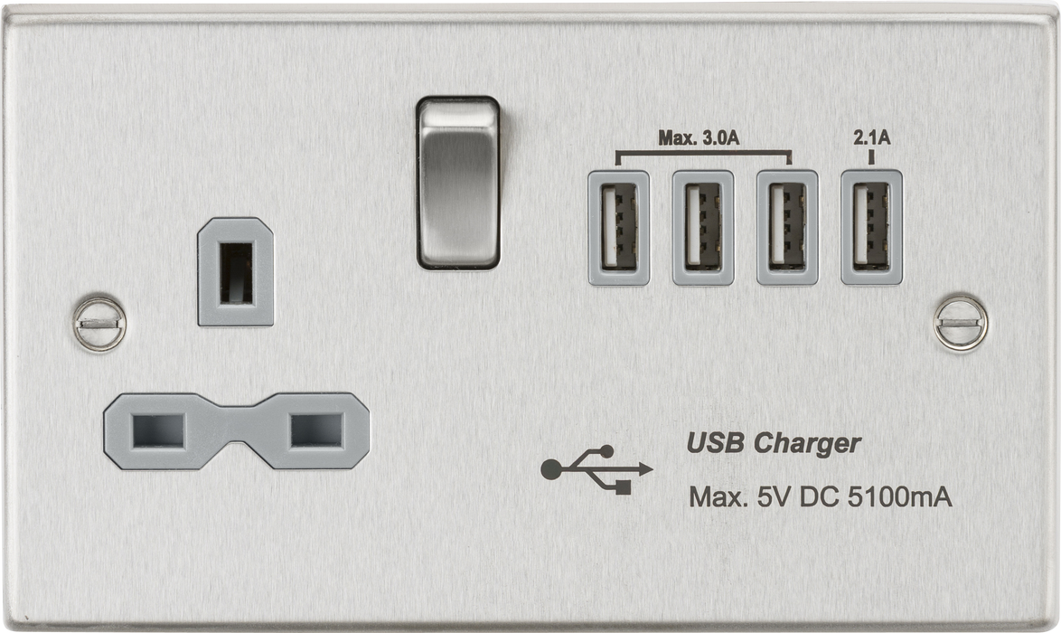 Knightsbridge CS7USB4BCG Square Edge 13A Switch Socket + 4xUSB 5.1A - Brushed Chrome + Grey Insert - westbasedirect.com