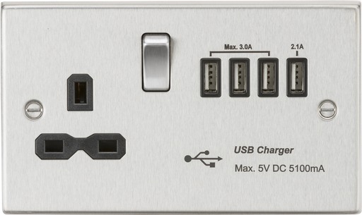 Knightsbridge CS7USB4BC Square Edge 13A Switch Socket + 4xUSB 5.1A - Brushed Chrome + Black Insert - westbasedirect.com