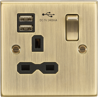 Knightsbridge CS9124AB Square Edge 13A 1G Switch Socket +2xUSB 2.4A - Antique Brass + Black Insert