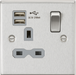 Knightsbridge CS91BCG Square Edge 13A 1G Switch Socket +2xUSB 2.1A - Brushed Chrome + Grey Insert - westbasedirect.com