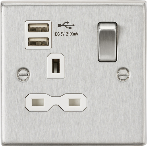 Knightsbridge CS91BCW Square Edge 13A 1G Switch Socket +2xUSB 2.1A - Brushed Chrome + White Insert - westbasedirect.com