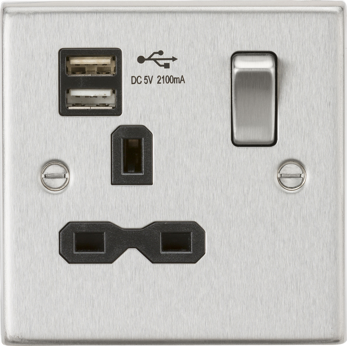 Knightsbridge CS91BC Square Edge 13A 1G Switch Socket +2xUSB 2.1A - Brushed Chrome + Black Insert - westbasedirect.com