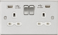 Knightsbridge CS9224BCW Square Edge 13A 2G Switch Socket +2xUSB 2.4A - Brushed Chrome + White Insert