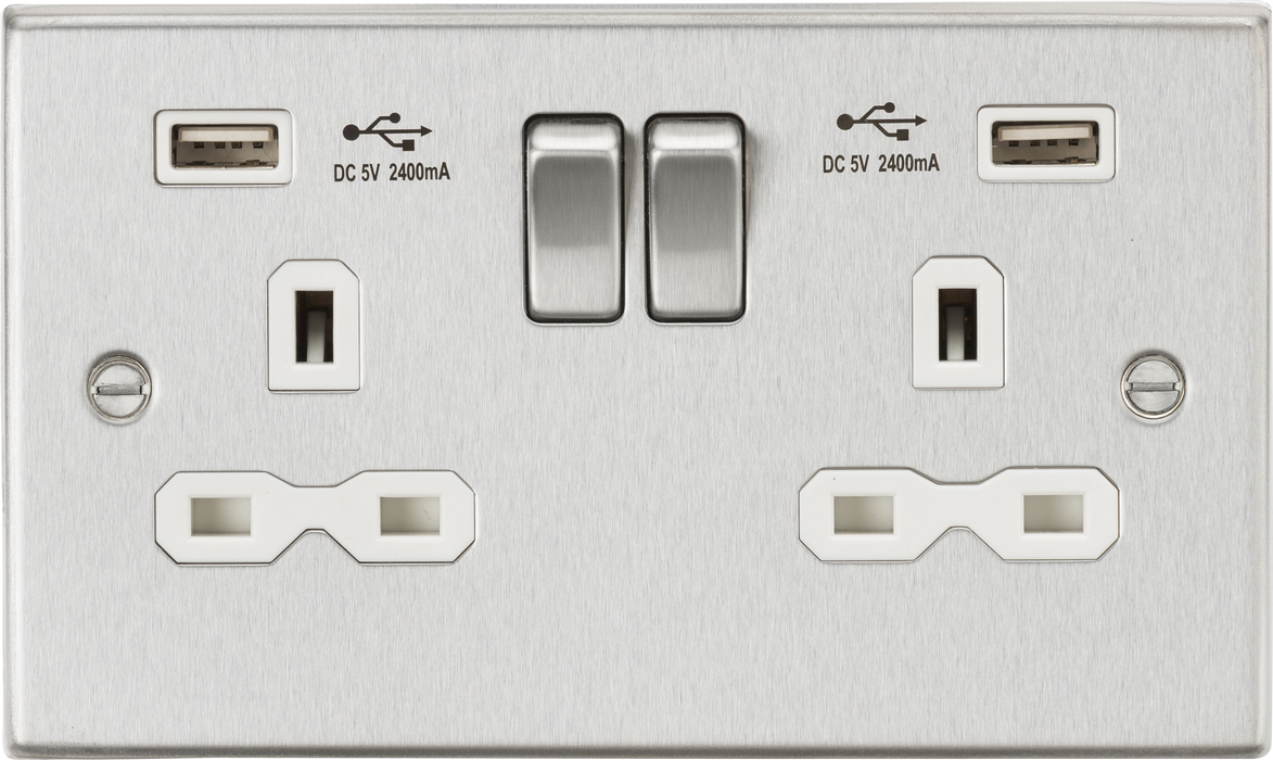 Knightsbridge CS9224BCW Square Edge 13A 2G Switch Socket +2xUSB 2.4A - Brushed Chrome + White Insert - westbasedirect.com