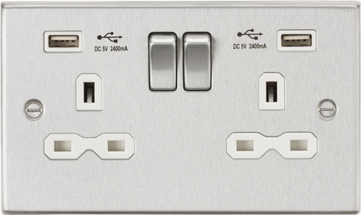 Knightsbridge CS9224BCW Square Edge 13A 2G Switch Socket +2xUSB 2.4A - Brushed Chrome + White Insert - westbasedirect.com