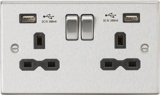 Knightsbridge CS9224BC Square Edge 13A 2G Switch Socket +2xUSB 2.4A - Brushed Chrome + Black Insert - westbasedirect.com