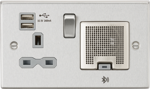 Knightsbridge CS9905BCG Square Edge 13A Socket + USB 2.4A + BT Speaker - Brushed Chrome + Grey Insert - westbasedirect.com