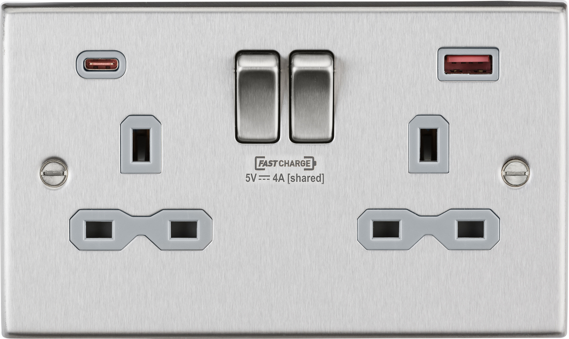 Knightsbridge CS9909BCG Square Edge 13A 2G DP Switch Socket + 2xUSB A+C FAST - Brushed Chrome + Grey Insert - westbasedirect.com