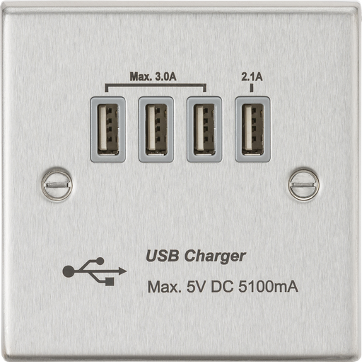 Knightsbridge CSQUADBCG Square Edge Quad USB Charger Outlet 5.1A - Brushed Chrome + Grey Insert - westbasedirect.com