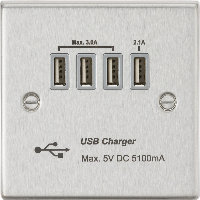 Knightsbridge CSQUADBCG Square Edge Quad USB Charger Outlet 5.1A - Brushed Chrome + Grey Insert - westbasedirect.com