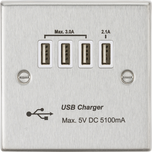 Knightsbridge CSQUADBCW Square Edge Quad USB Charger Outlet 5.1A - Brushed Chrome + White Insert - westbasedirect.com