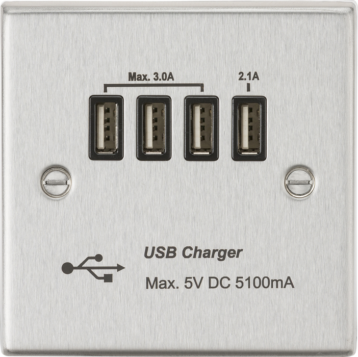 Knightsbridge CSQUADBC Square Edge Quad USB Charger Outlet 5.1A - Brushed Chrome + Black Insert - westbasedirect.com