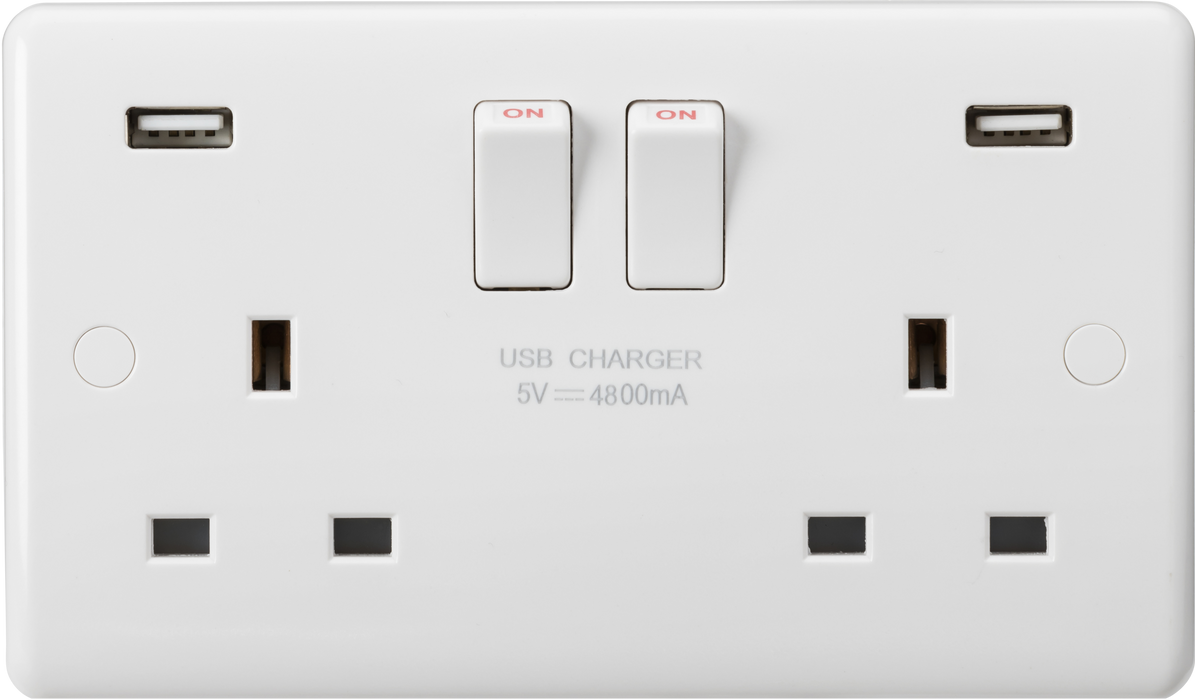 Knightsbridge CU9948 White Curved 13A 2G DP Switched Socket + 2xUSB 5V DC 4.8A - westbasedirect.com