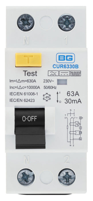 BG CUR6330B 63A Double Pole 2 Module 30mA Type B RCD Bi-Directional