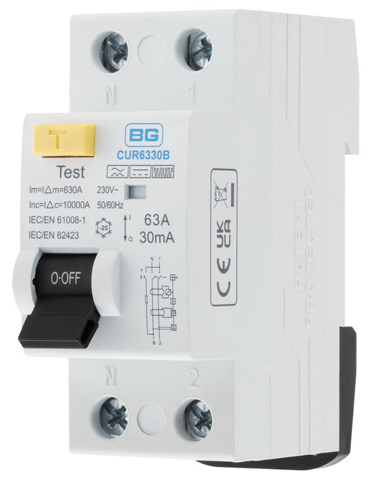 BG CUR6330B 63A Double Pole 2 Module 30mA Type B RCD Bi-Directional