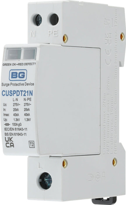 BG CUSPDT21N Type 2 Single Phase Surge Protection Device TNS PME & TT Systems