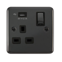 Click Deco Plus DPBN571UBK 13A Ingot 1G Switched Socket + 1x2.1A USB - Black Nickel (Black)