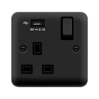 Click Deco Plus DPMB571UBK 13A Ingot 1G Switched Socket + 1x2.1A USB - Matt Black (Black)