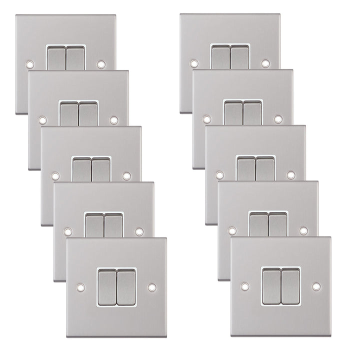 Selectric DSL102 5M 2 Gang 2 Way 10AX Plate Switch - Satin Chrome, White Insert (Pack 10)