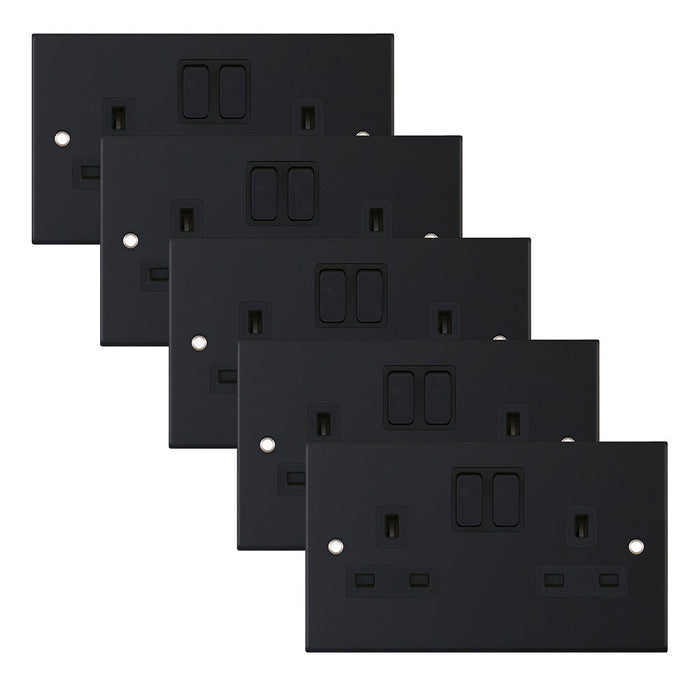 Selectric DSL11-22 5M 2 Gang 13A Switched DP Socket Outlet with 2 Earth Terminals - Matt Black, Black Insert (Pack 5)