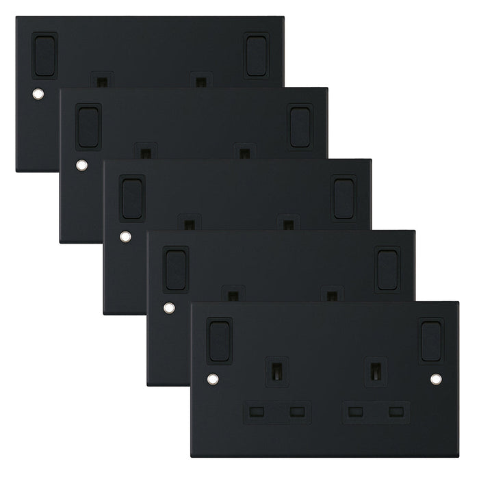 Selectric DSL11-85 5M 2 Gang 13A Switched DP Socket Outlet with Outboard Rockers & 2 Earth Terminals - Matt Black, Black Insert (Pack 5)