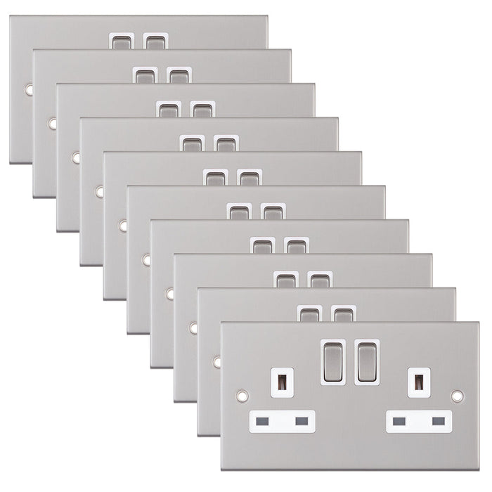 Selectric DSL122 5M 2 Gang 13A Switched DP Socket Outlet with 2 Earth Terminals - Satin Chrome, White Insert (Pack 10)