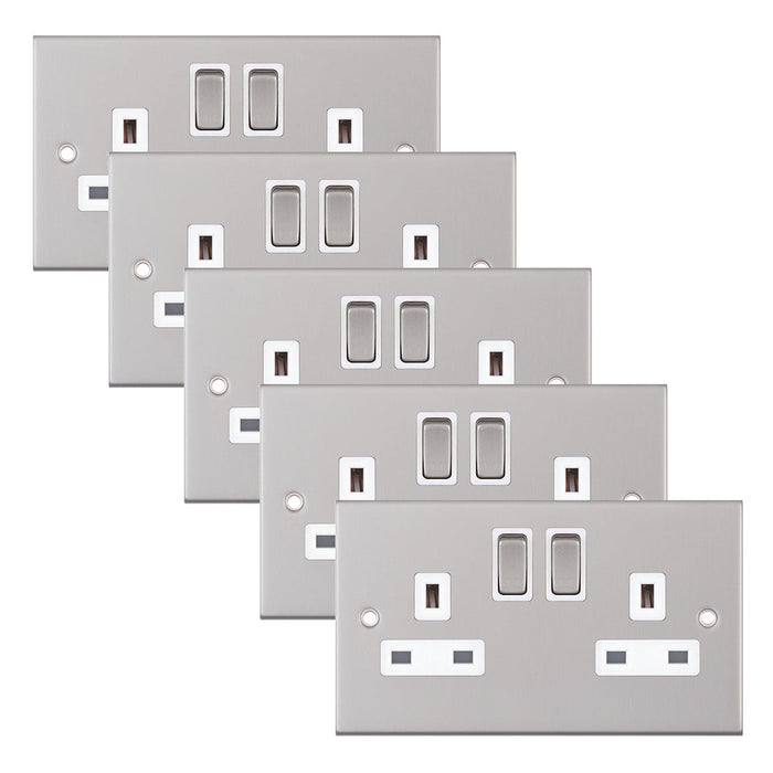 Selectric DSL122 5M 2 Gang 13A Switched DP Socket Outlet with 2 Earth Terminals - Satin Chrome, White Insert (Pack 5)