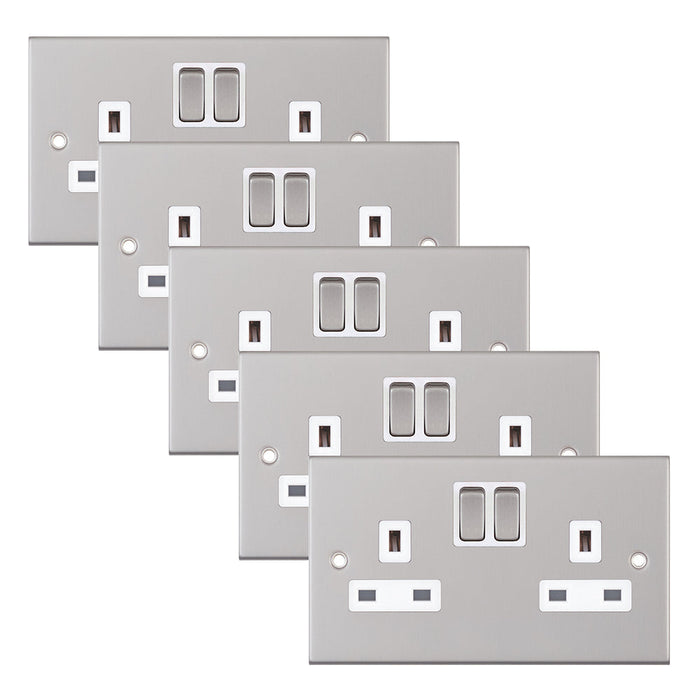 Selectric DSL151 5M 2 Gang 13A Switched SP Socket Outlet - Satin Chrome, White Insert (Pack 5)
