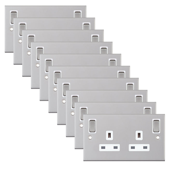 Selectric DSL185 5M 2 Gang 13A Switched DP Socket Outlet with Outboard Rockers & 2 Earth Terminals - Satin Chrome, White Insert (Pack 10)