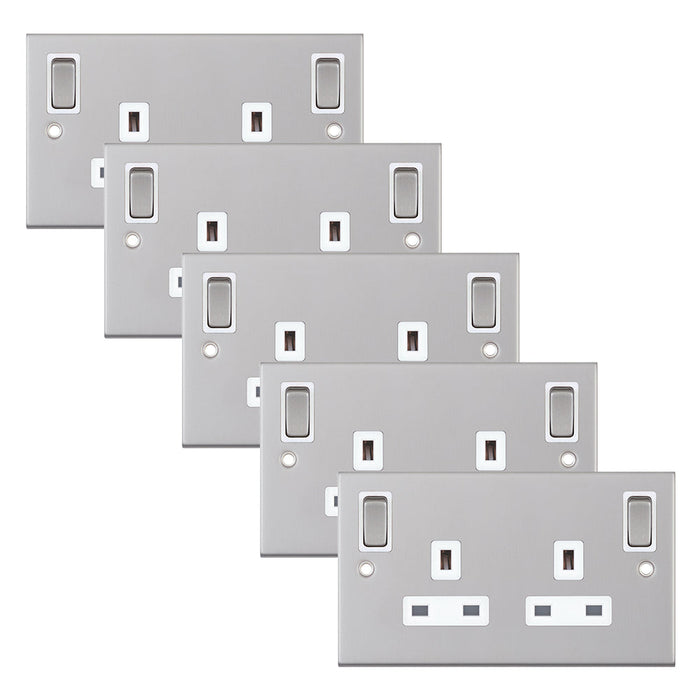 Selectric DSL185 5M 2 Gang 13A Switched DP Socket Outlet with Outboard Rockers & 2 Earth Terminals - Satin Chrome, White Insert (Pack 5)