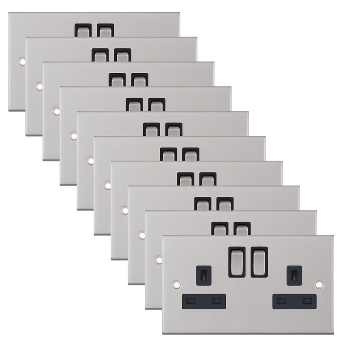 Selectric DSL222 5M 2 Gang 13A Switched DP Socket Outlet with 2 Earth Terminals - Satin Chrome, Black Insert (Pack 10)