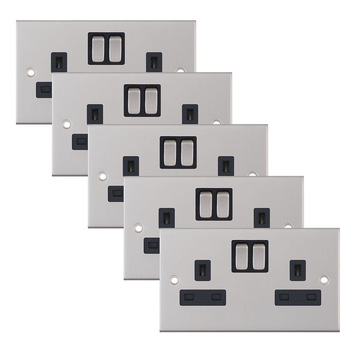 Selectric DSL251 5M 2 Gang 13A Switched SP Socket Outlet - Satin Chrome, Black Insert (Pack 5)