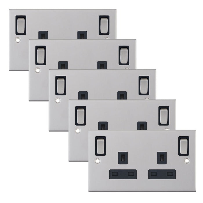 Selectric DSL285 5M 2 Gang 13A Switched DP Socket Outlet with Outboard Rockers & 2 Earth Terminals - Satin Chrome, Black Insert (Pack 5)