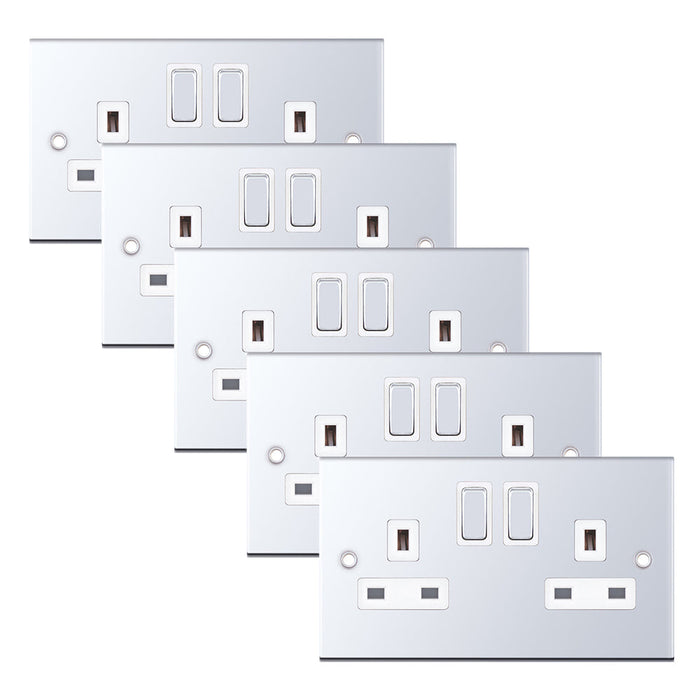 Selectric DSL322 5M 2 Gang 13A Switched DP Socket Outlet with 2 Earth Terminals - Polished Chrome, White Insert (Pack 5)