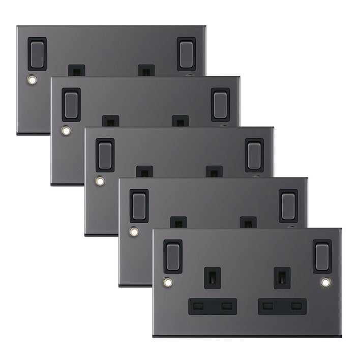 Selectric DSL485 5M 2 Gang 13A Switched DP Socket Outlet with Outboard Rockers & 2 Earth Terminals - Black Nickel, Black Insert (Pack 5)