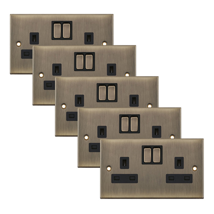 Selectric DSL651 5M 2 Gang 13A Switched SP Socket Outlet - Antique Brass, Black Insert (Pack 5)
