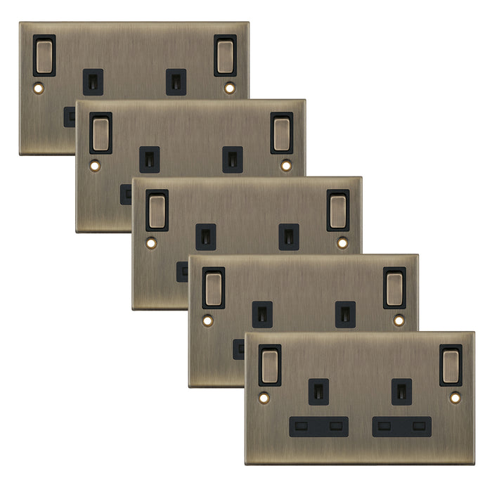 Selectric DSL685 5M 2 Gang 13A Switched DP Socket Outlet with Outboard Rockers & 2 Earth Terminals - Antique Brass, Black Insert (Pack 5)
