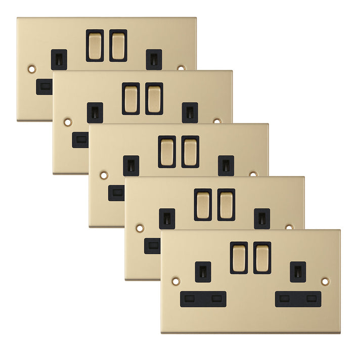 Selectric DSL822 5M 2 Gang 13A Switched DP Socket Outlet with 2 Earth Terminals - Satin Brass, Black Insert (Pack 5)