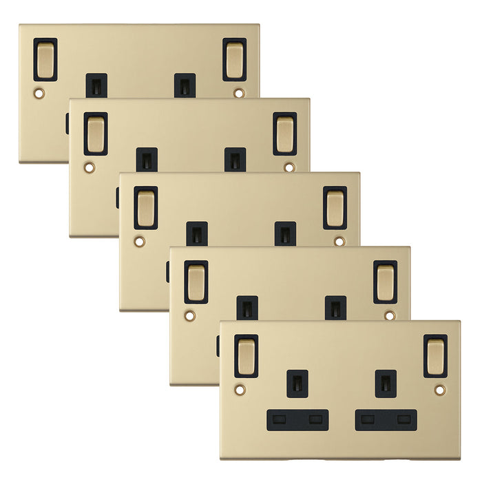 Selectric DSL885 5M 2 Gang 13A Switched DP Socket Outlet with Outboard Rockers & 2 Earth Terminals - Satin Brass, Black Insert (Pack 5)
