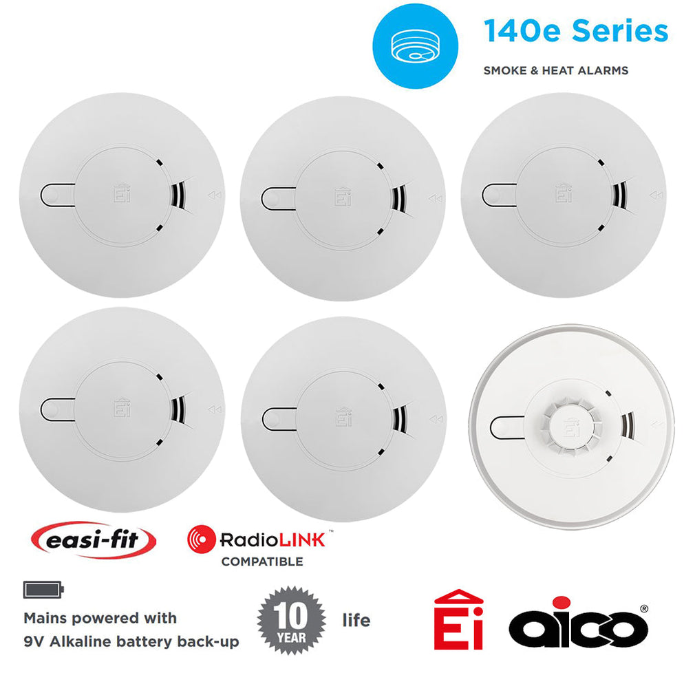 Aico 5x Ei146e Optical Smoke & 1x Ei144e Heat Alarm Kit Mains Powered