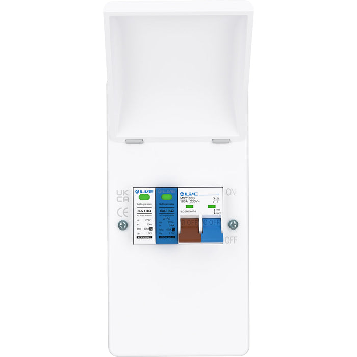 LIVE Electrical EMU4-SP 4 Way IP40 Metal EV Charging Unit with DP 100A Main Switch & 20/40kA 1P+N Surge Protective Device - westbasedirect.com