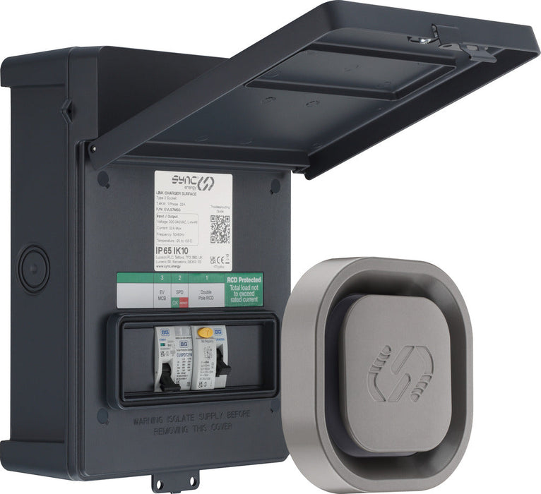 Sync Energy EVL7MS Link EV Charger Surface & Recessed Socket 7.4kW 32A Silver with Metal Control Box & Wi-Fi