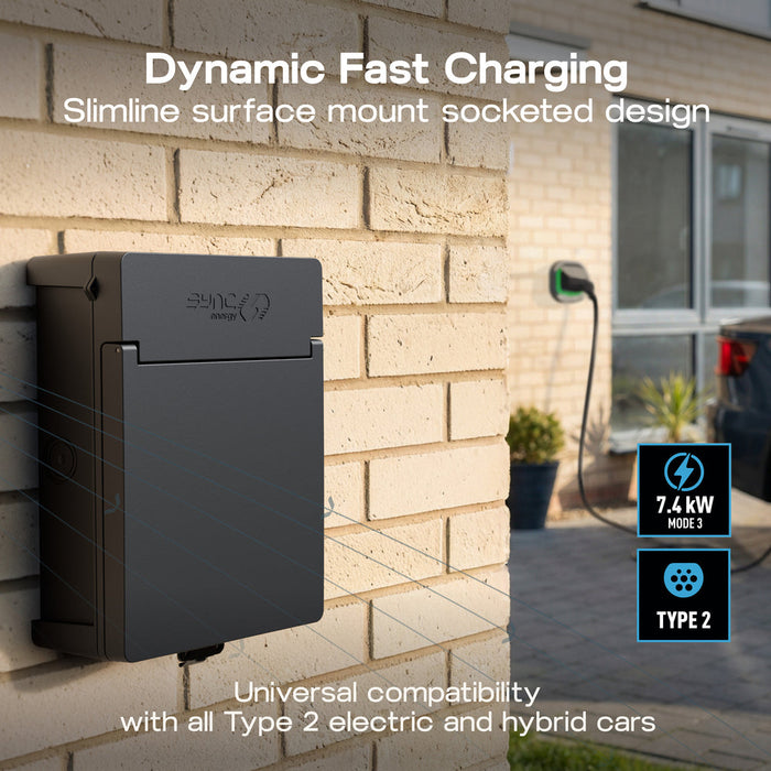 Sync Energy EVL7MS Link EV Charger Surface & Recessed Socket 7.4kW 32A Silver with Metal Control Box & Wi-Fi