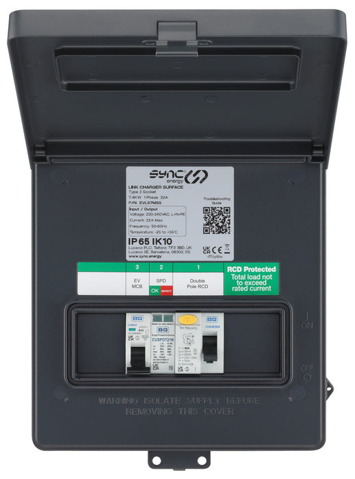 BG Sync Energy EVLS7MSG Link EV Charger Surface Socket 7.4kW 32A Silver with Metal Control Box - Wi-Fi + LAN + 4G