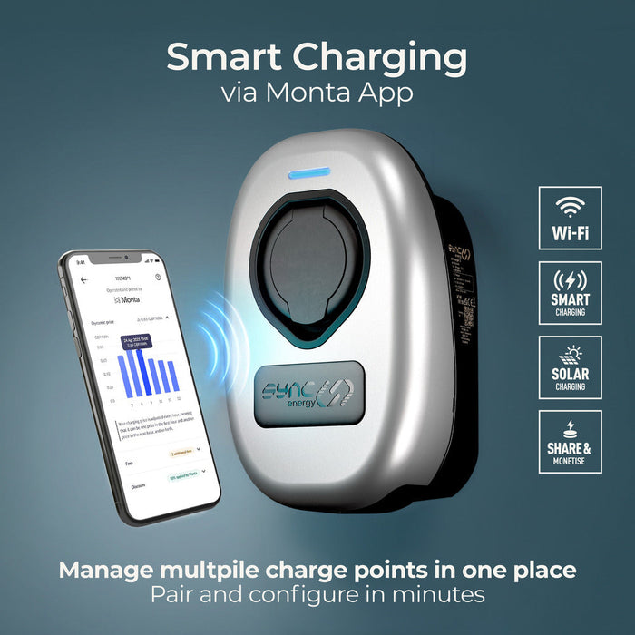 Sync Energy EVWC2S22GGR EV Wall Charger 22kW Three Phase Type 2 Socketed Wi-Fi/LAN/4G/RFID - Black - westbasedirect.com