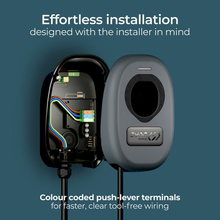 Sync Energy EVWC2T7GG EV Wall Charger 7.4kW Single Phase Type 2 Tethered Wi-Fi + 4G*, 7.5m cable (incl. CT clamp) - westbasedirect.com