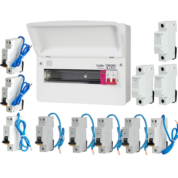 FuseBox F3011MZ 11 Way T2 SPD Consumer Unit + 8 Type A Bi-Directional Mini RCBOs & 3x FREE DIN Rail Blanks